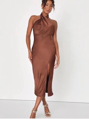 NWT Lulus Beyond Classy Brown Satin Halter Midi Dress